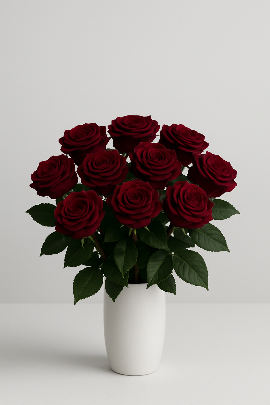 Bouquet of red roses in a white vase on a light gray background