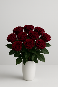 Bouquet of red roses in a white vase on a light gray background