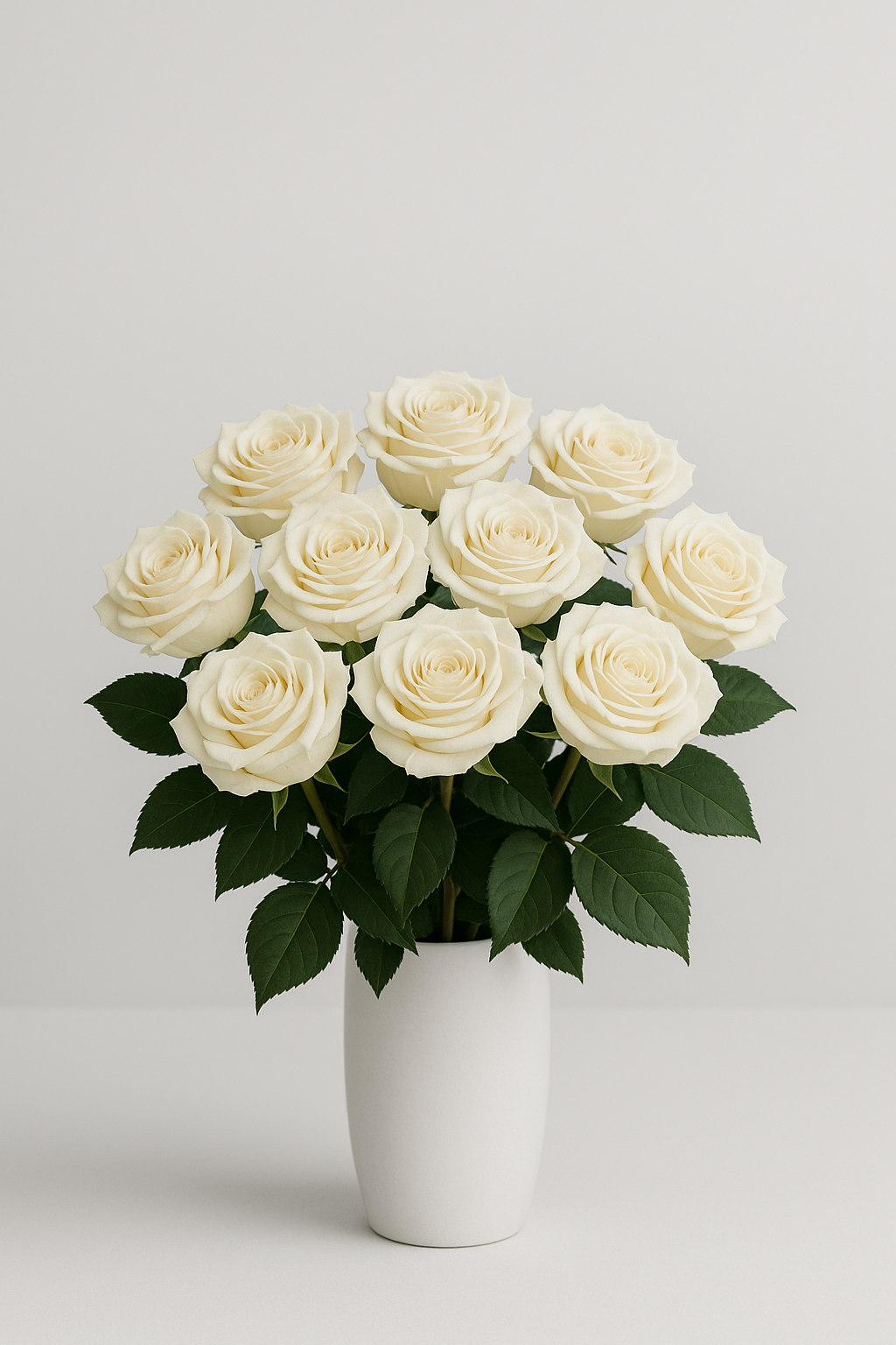 Bouquet of white roses in a white vase on a light gray background