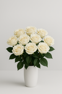 Bouquet of white roses in a white vase on a light gray background