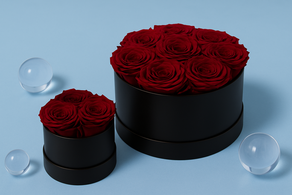 Two black round boxes with red roses on a blue background